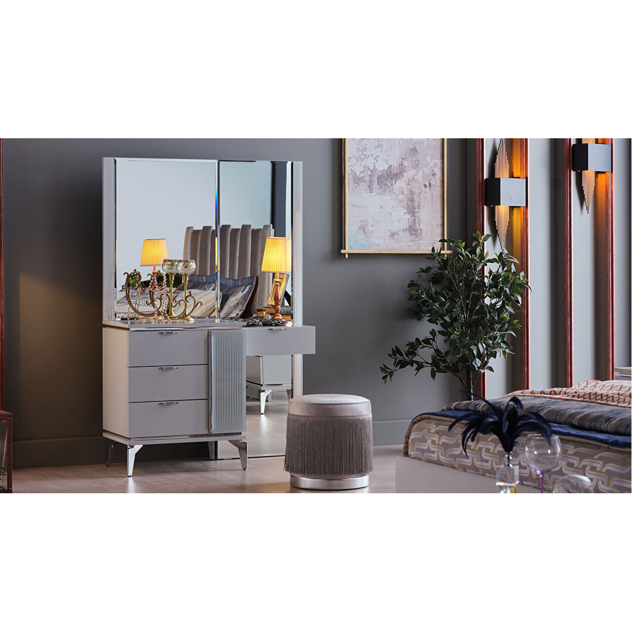 Стол туалетный Bellona Loretto, с комодом и зеркальной панелью, цвет: серый, размер 119x46x170 см (LORET-35)LORET-35 Стол туалетный Bellona Loretto, с комодом и зеркальной панелью, цвет: серый, размер 119x46x170 см (LORET-35)LORET-35