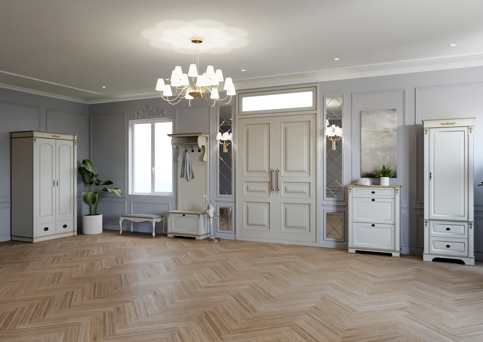 Прихожая с обувницей Atrium, размер 83х37х207 см, цвет: слоновая кость (М1340+М1350)М1340+М1350 Прихожая с обувницей Atrium, размер 83х37х207 см, цвет: слоновая кость (М1340+М1350)М1340+М1350