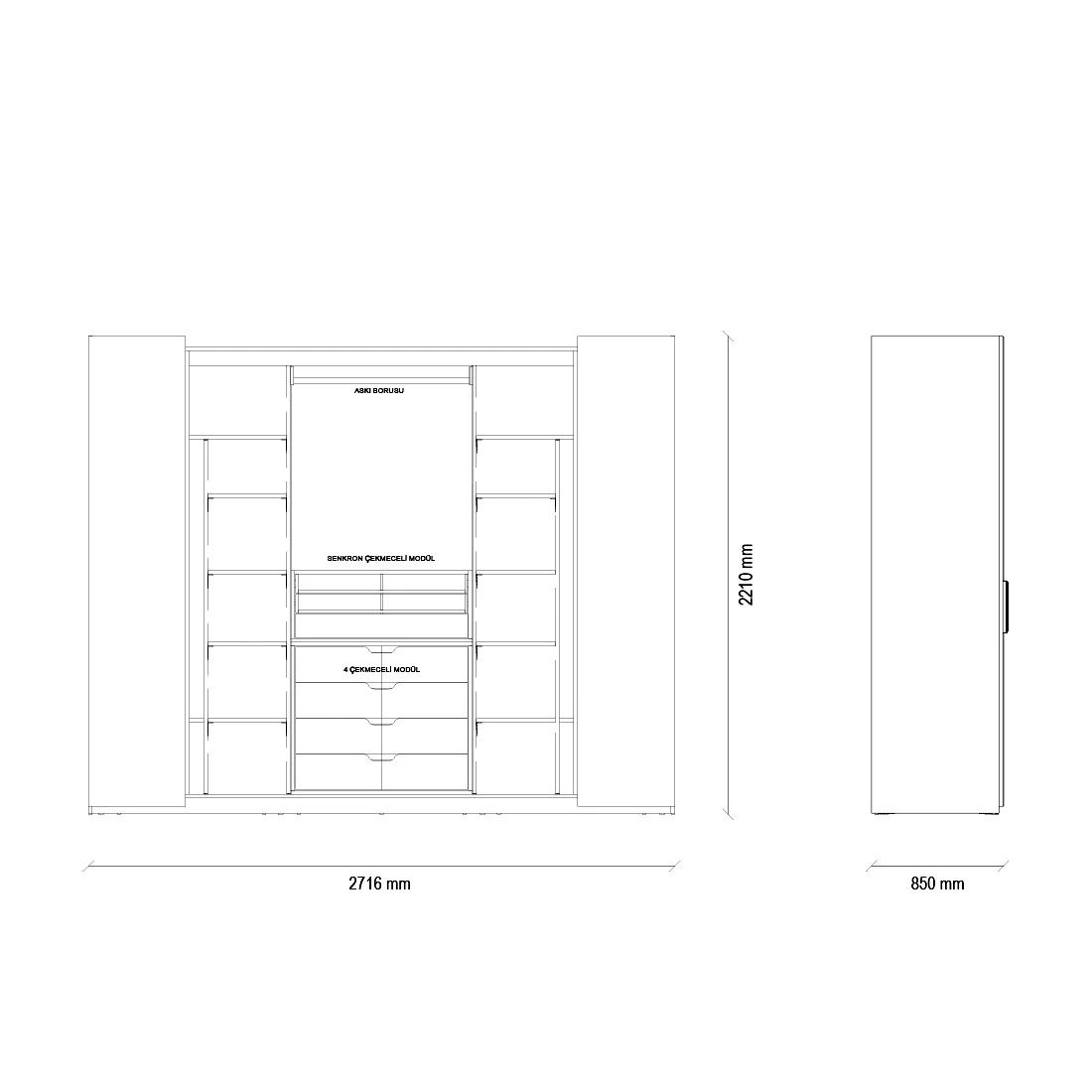 Гардероб Enza Home Giorno, версия 2 (с 4 ящиками и верхним отсеком), размер 272х85х221 см