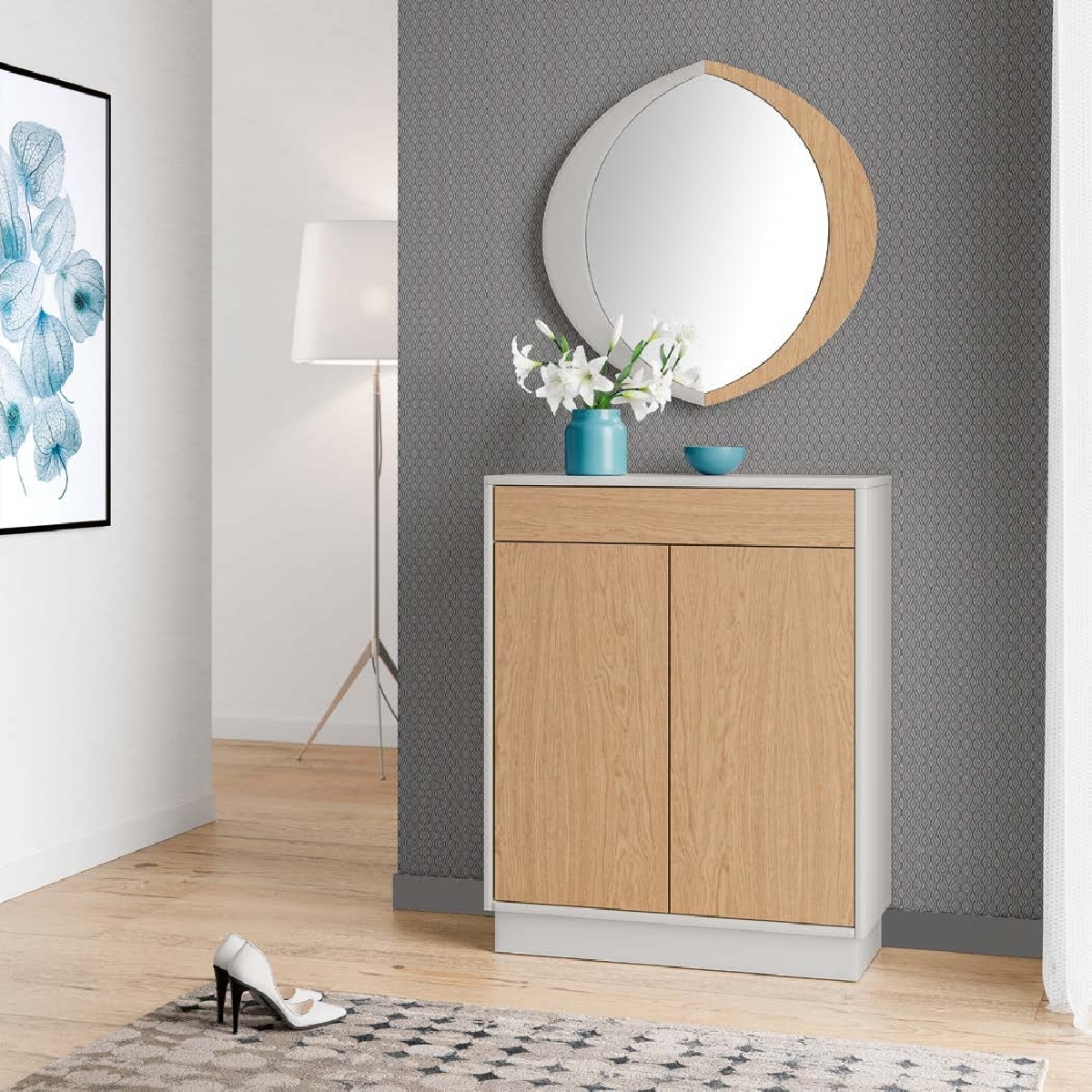 Тумба для обуви Disemobel Kendra, 80x30x99 см, цвет Perla| Roble Seda, цоколь (4055)4055