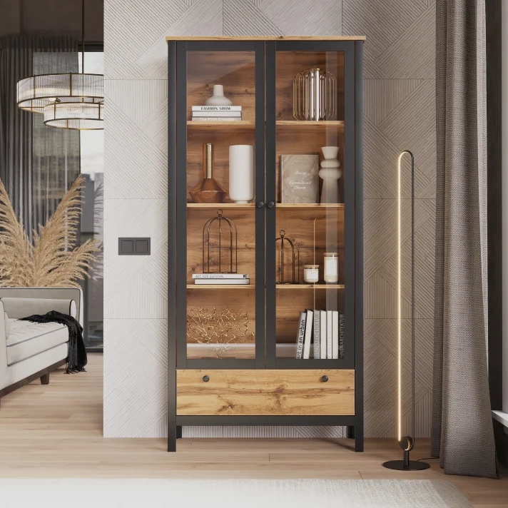 Шкаф-витрина двухдверная БРВ Лофт (Loft),цвет дуб вотан, 92х39х193 см (REG2W1S)REG2W1S