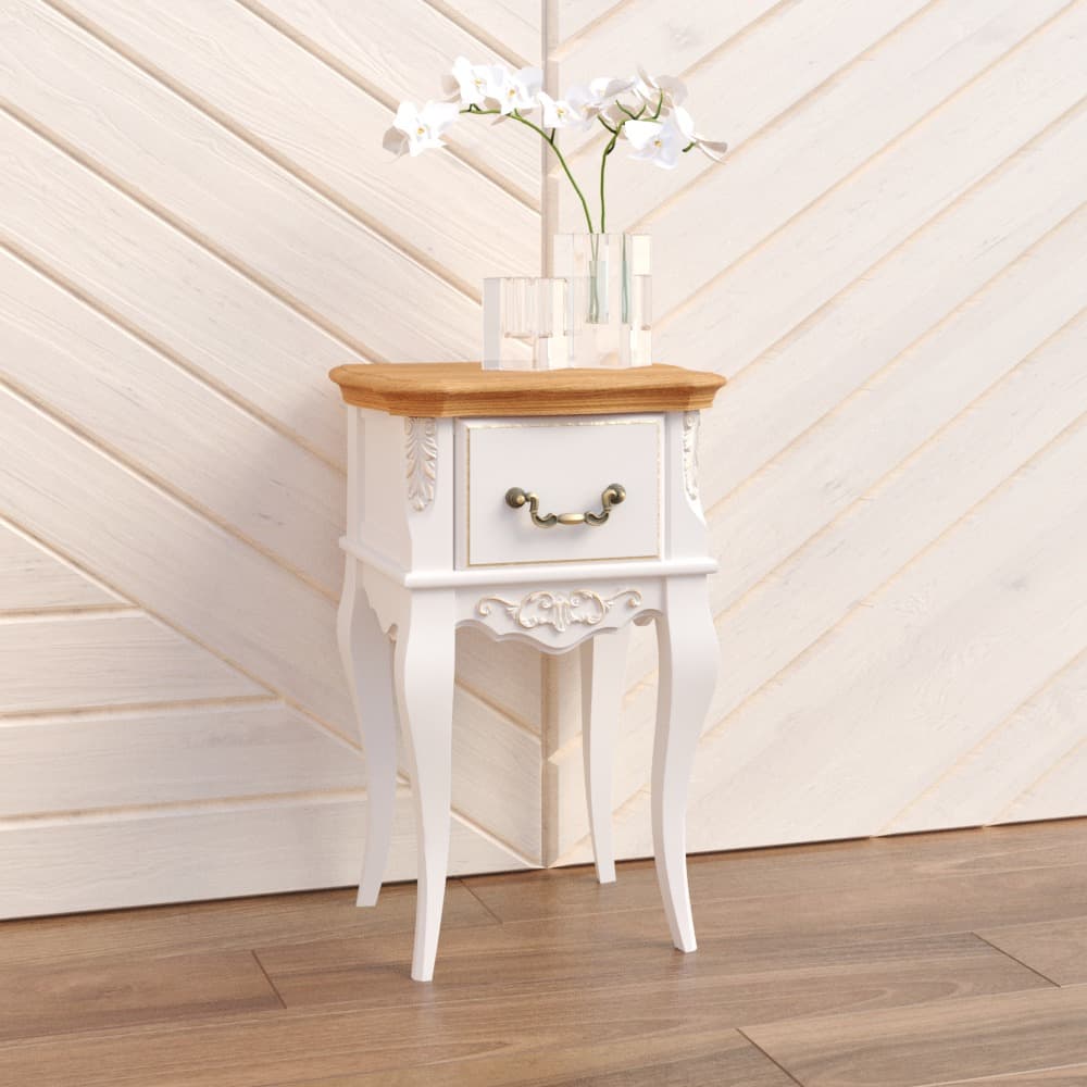 Тумбочка прикроватная Aletan Provence Wood, узкая, с одним ящиком, 44х36х66см, цвет: слоновая кость- дерево (W306)W306