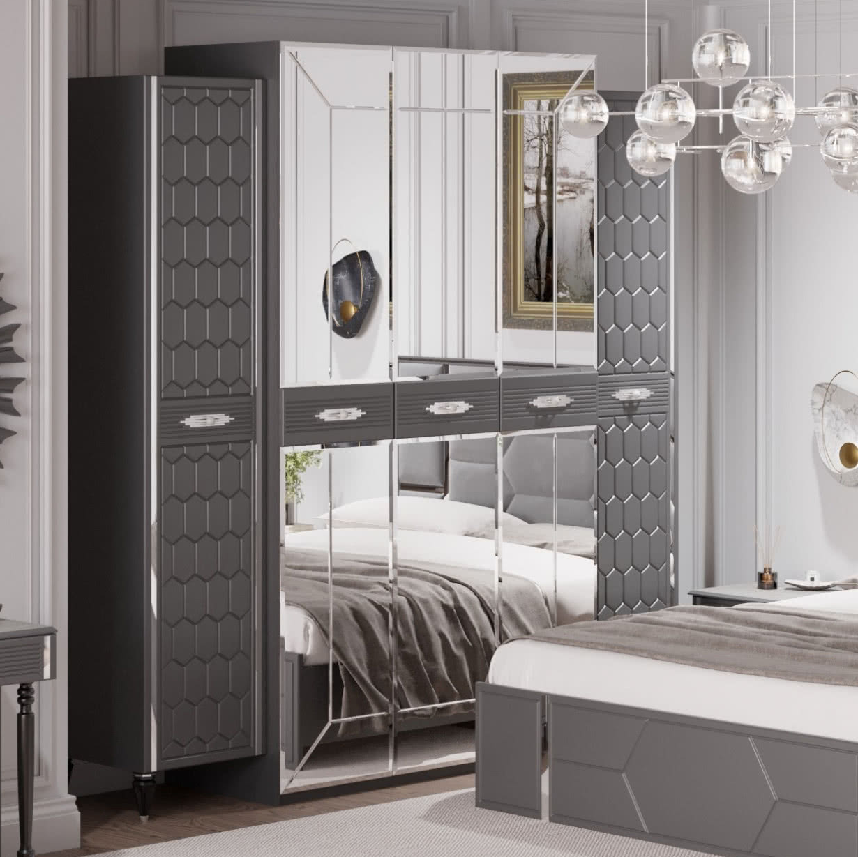 Шкаф платяной Веллона Алено 5х-дверный, цвет: графит с серебром, 226x60x230 см (ВЕЛСМР-02)ВЕЛСМР-02