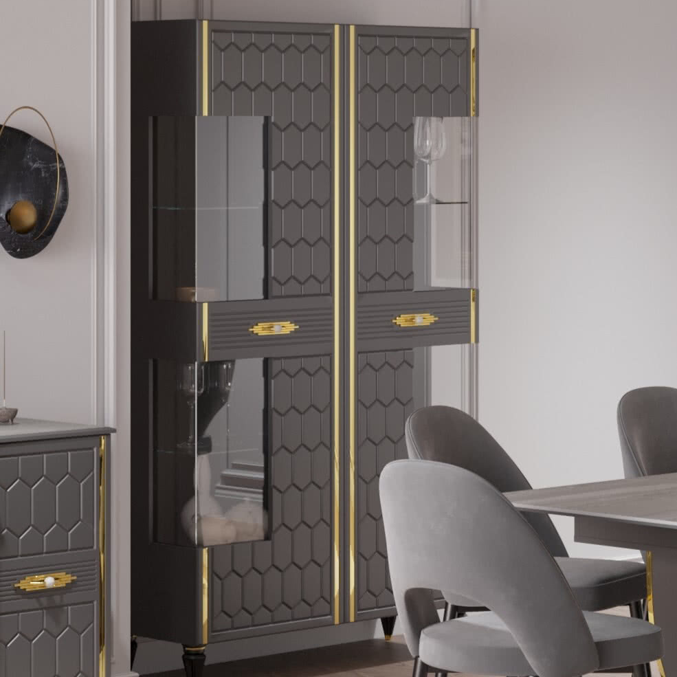 Шкаф витрина Веллона Алено 2х-дверный, цвет: графит с золотом, 110х45х200 см (ВЕЛГМР-03)ВЕЛГМР-03