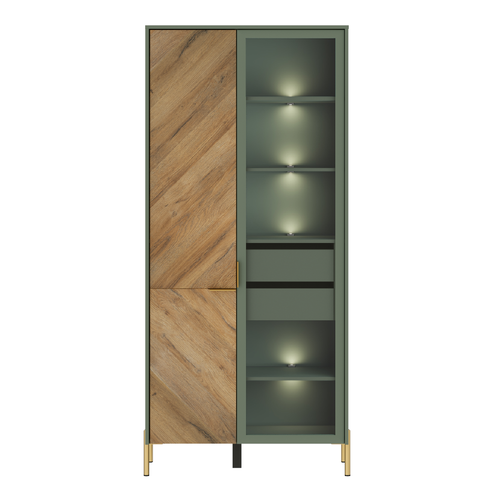 Витрина с подсветкой БРВ Сиена (Siena), 92x41x201 см, цвет: дымчатый зеленый/дуб вотан (REG1W1D)REG1W1D