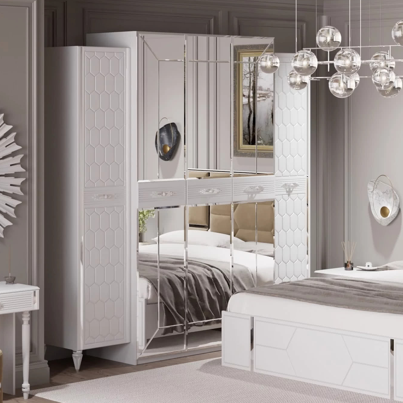 Шкаф платяной Веллона Алено 5х-дверный, цвет: белый с серебром, 226x60x230 см (ВЕЛСМР-02)ВЕЛСМР-02