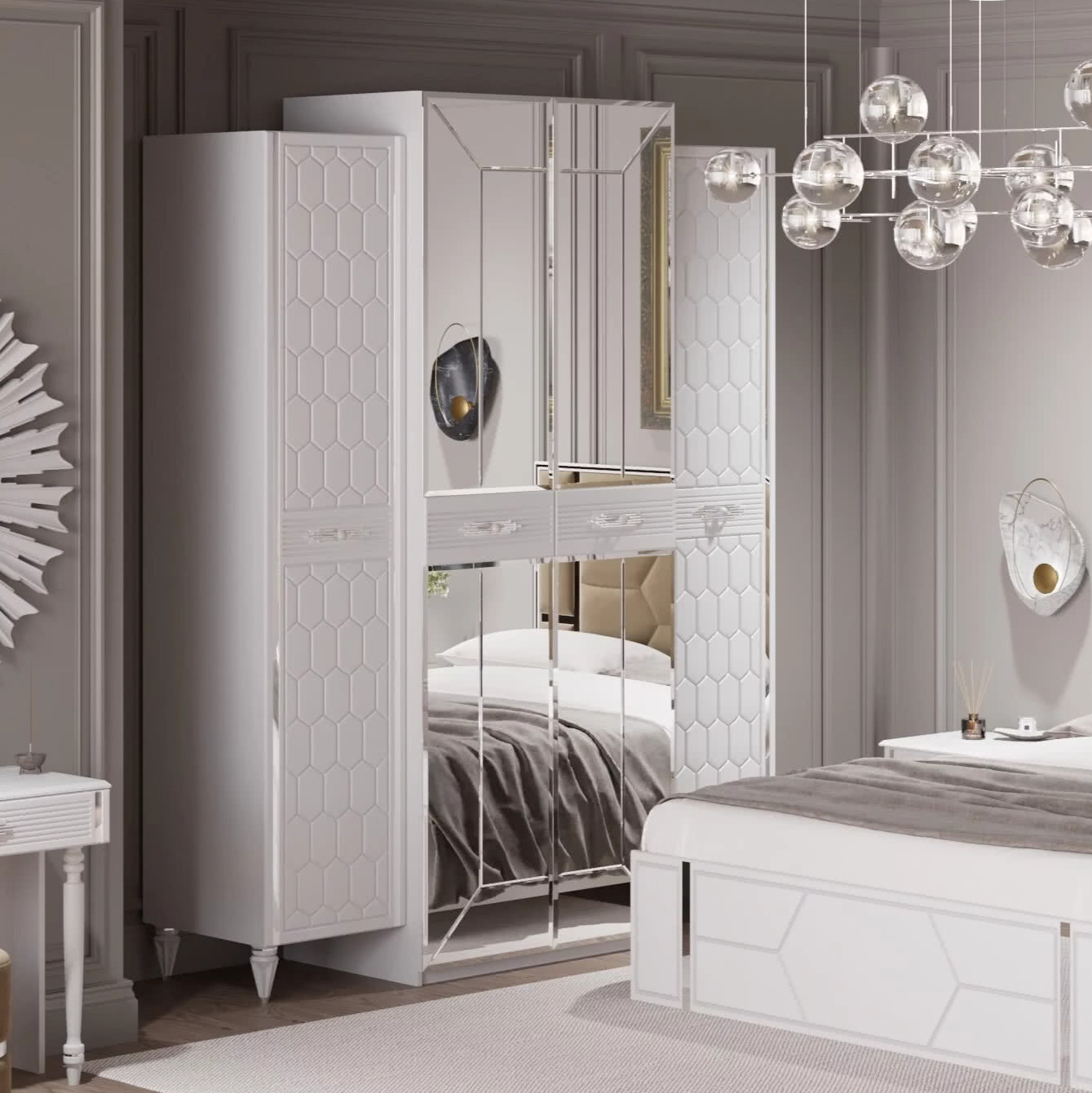 Шкаф платяной Веллона Алено 4х-дверный, цвет: белый с серебром, 180x60x230 см (ВЕЛСМР-01)ВЕЛСМР-01