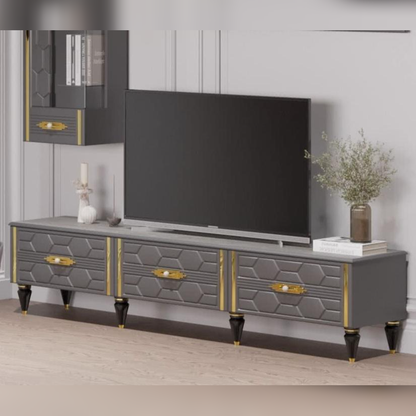 Тумба ТВ Веллона Алено, цвет: графит с золотом, 200x45x45,5 см (ВЕЛГМР-04)ВЕЛГМР-04