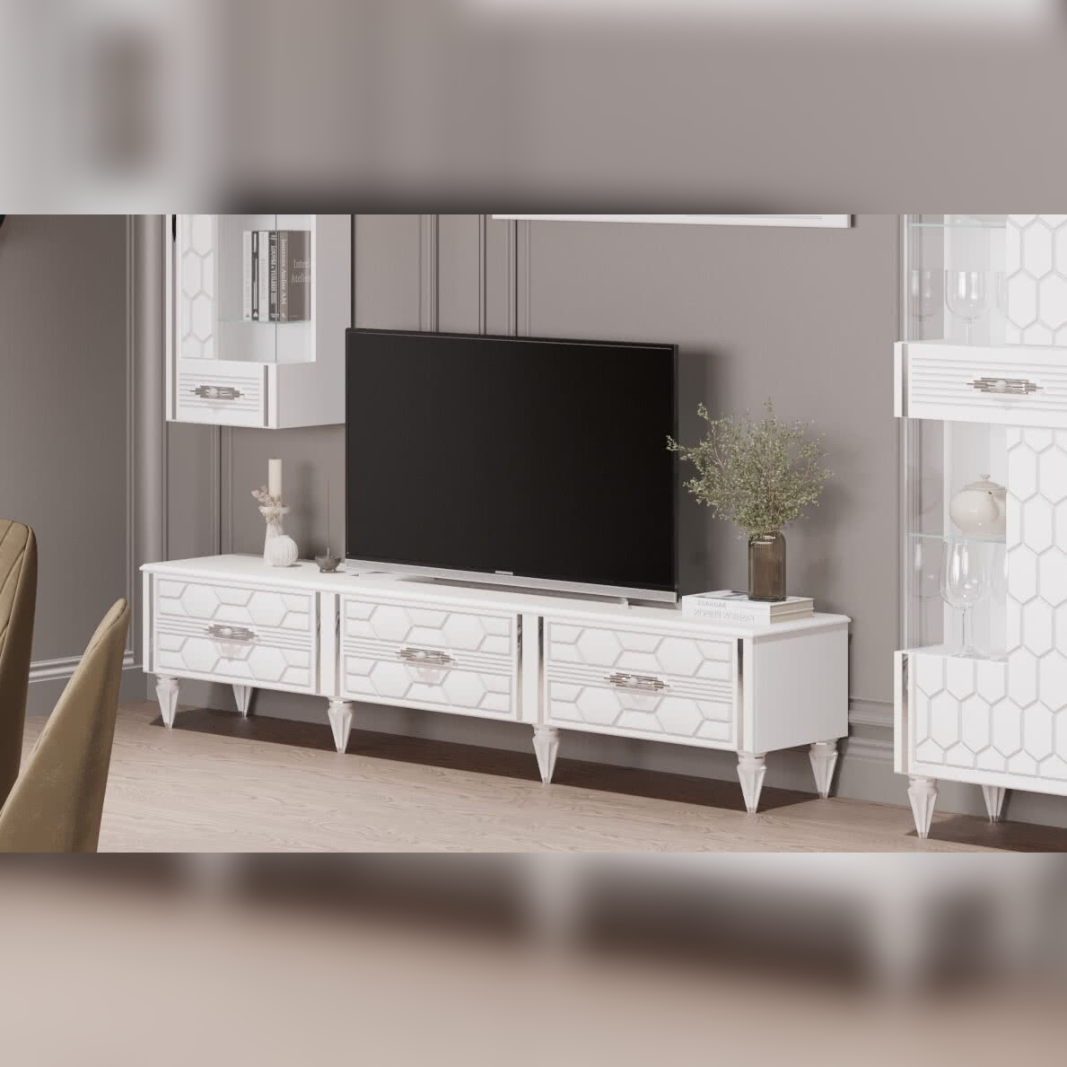 Тумба ТВ Веллона Алено, цвет: белый с серебром, 200x45x45,5 см (ВЕЛГМР-04)ВЕЛГМР-04