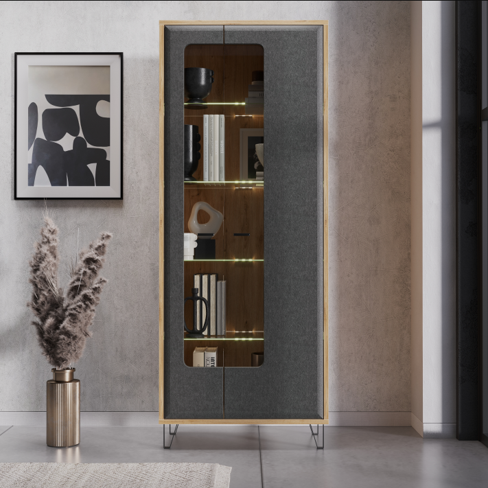 Витрина БРВ Грейс (Grace) с подсветкой, цвет дуб наварра/графит, 79х42х200 см (REG2W)REG2W