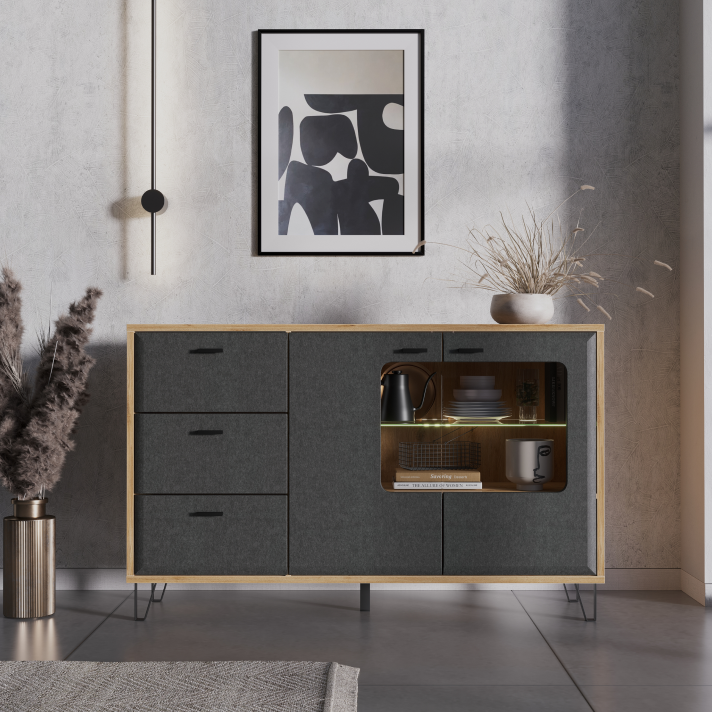 Тумба-витрина с подсветкой БРВ Грейс (Grace), цвет дуб наварра/графит 144х42х90 см (KOM2W3S)KOM2W3S