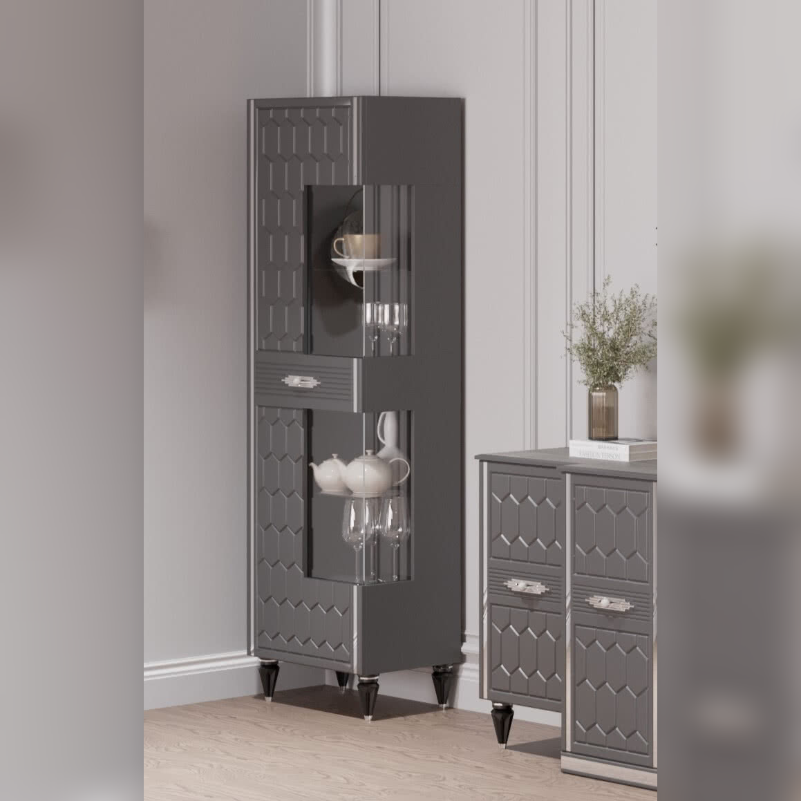 Шкаф витрина Веллона Алено 1х-дверный, цвет: графит с серебром, 60x45x200 см (ВЕЛГМР-01)ВЕЛГМР-01