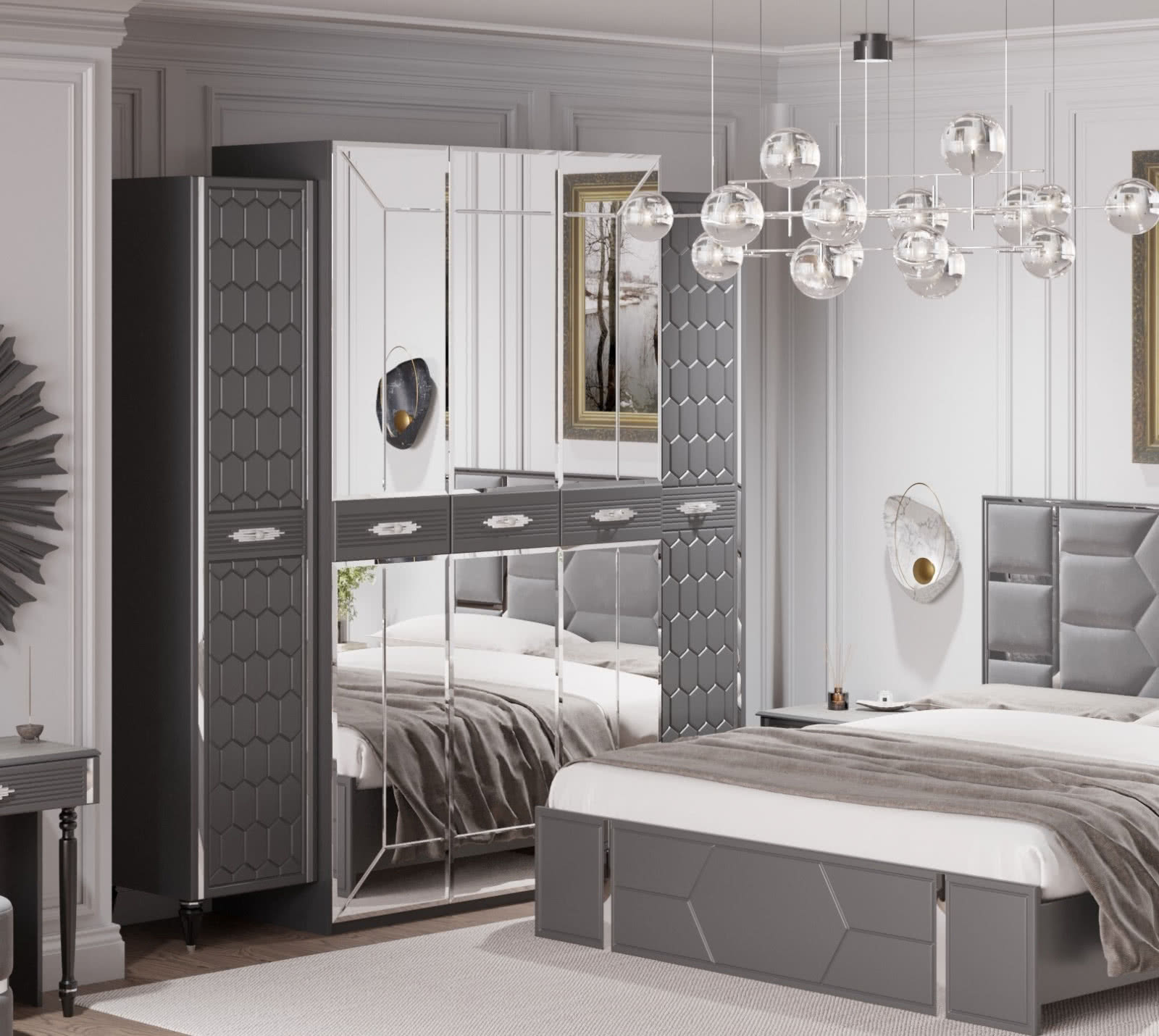 Шкаф платяной Олимпия Мария 5х-дверный, цвет: графит с серебром, 226x60x230, (СМР-02)СМР-02