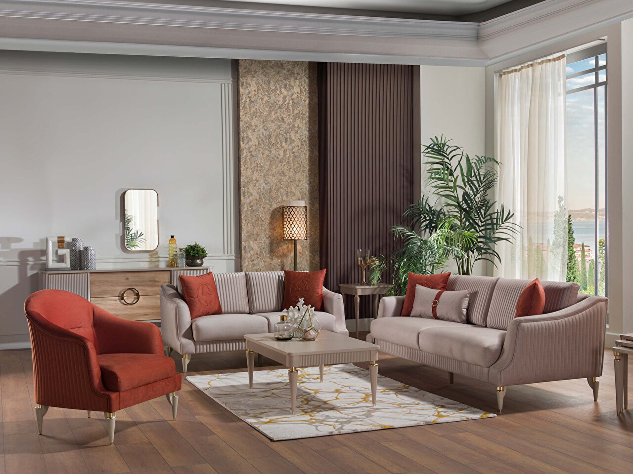Диван-кровать Bellona Sanvito, 3-х местный, раскладной, цвет: кремовый 202308 (подушки-кирпичный 202309), 212х93х81 см (SANV-03)SANV-03