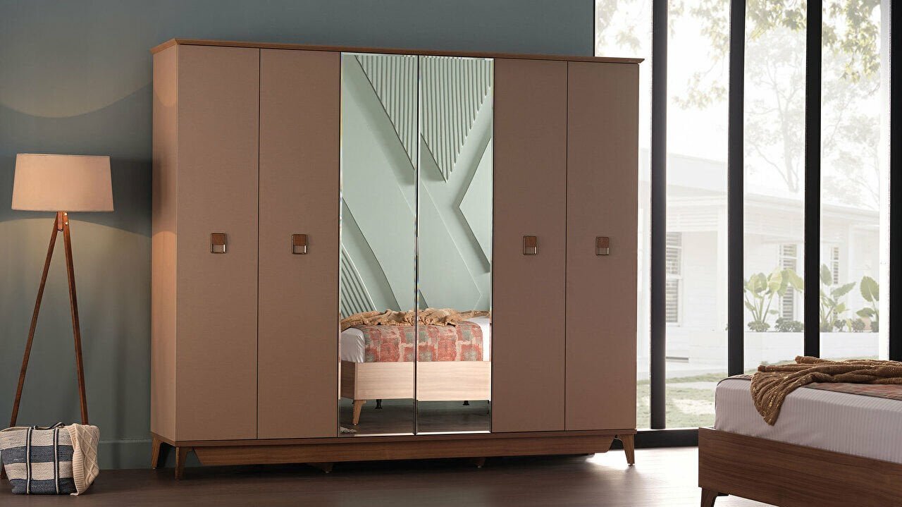 Шкаф платяной Bellona Alvis, 6-ти дверный, цвет бежевый/светлый орех 258х62х231 см (ALVIS-34)ALVIS-34 Шкаф платяной Bellona Alvis, 6-ти дверный, цвет бежевый/светлый орех 258х62х231 см (ALVIS-34)ALVIS-34