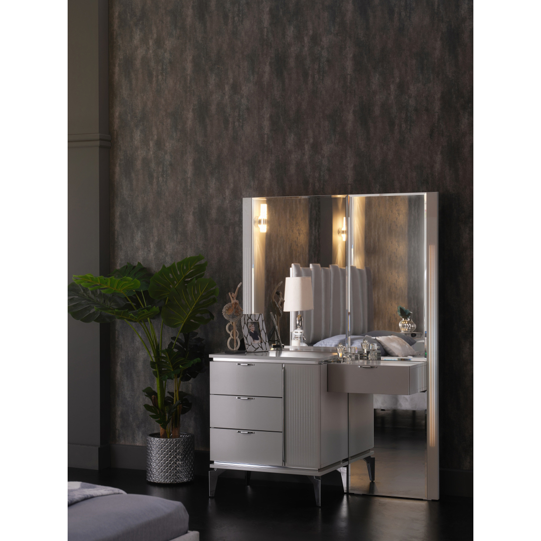 Стол туалетный Bellona Loretto, с комодом и зеркальной панелью, цвет: серый, размер 119x46x170 см (LORET-35)LORET-35 Стол туалетный Bellona Loretto, с комодом и зеркальной панелью, цвет: серый, размер 119x46x170 см (LORET-35)LORET-35