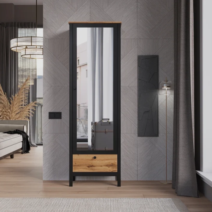 Шкаф одностворчатый с зеркалом БРВ Лофт (Loft), цвет дуб вотан, 62х39х193 см (SZF1W1S/60)SZF1W1S/60