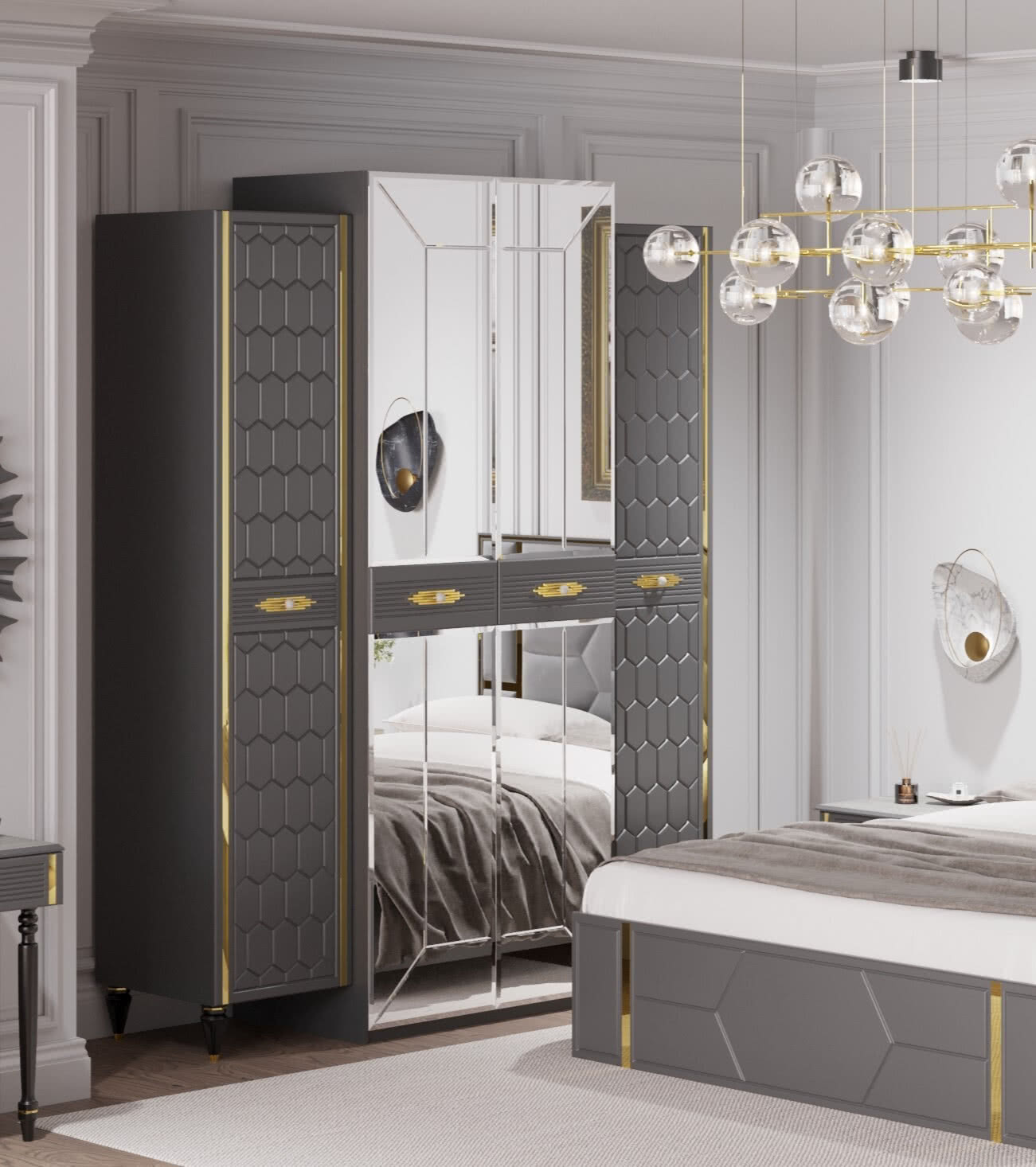 Шкаф платяной Олимпия Мария 4х-дверный, цвет: графит с золотом, 180x60x230, (СМР-01)СМР-01