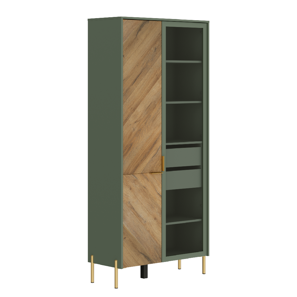 Витрина БРВ Сиена (Siena), 92x41x201 см, цвет: дымчатый зеленый/дуб вотан (REG1W1D)REG1W1D