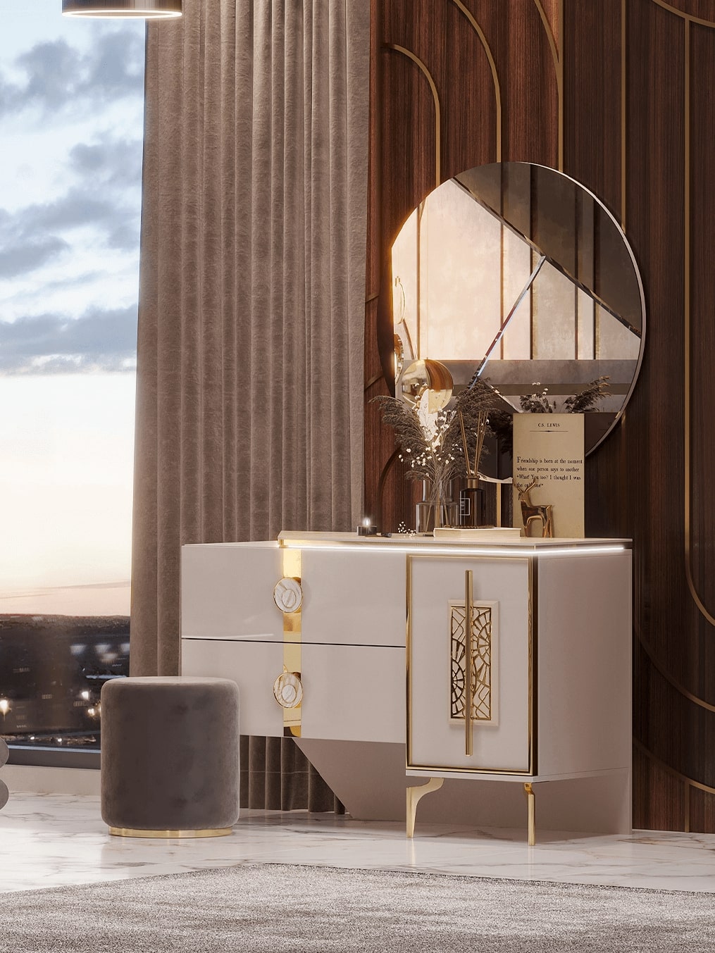 Туалетный стол с зеркалом и пуфом Арида Грация, цвет бежевый, 120х48х82 см. Туалетный стол с зеркалом и пуфом Арида Грация, цвет бежевый, 120х48х82 см.