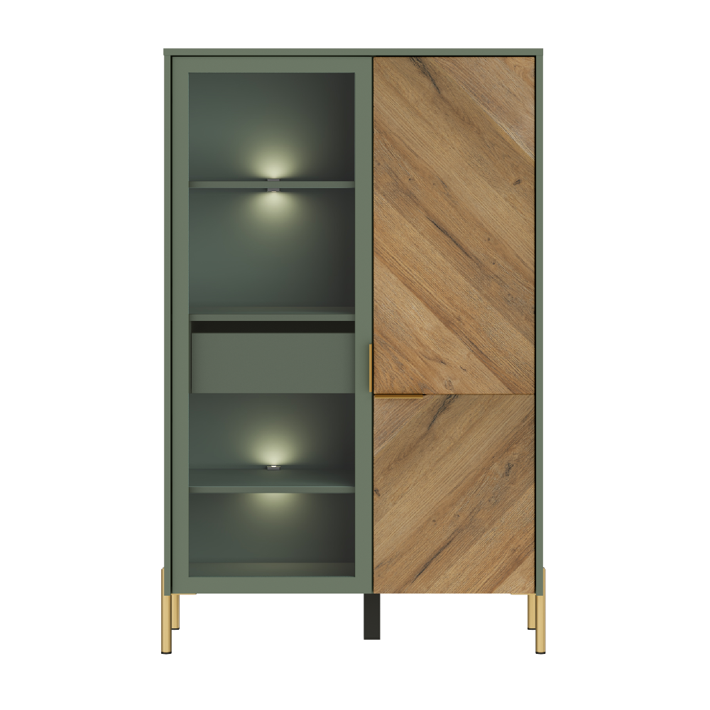 Витрина с подсветкой БРВ Сиена (Siena), 92x41x145 см, цвет: дымчатый зеленый/дуб вотан (REG1W1D/140)REG1W1D/140