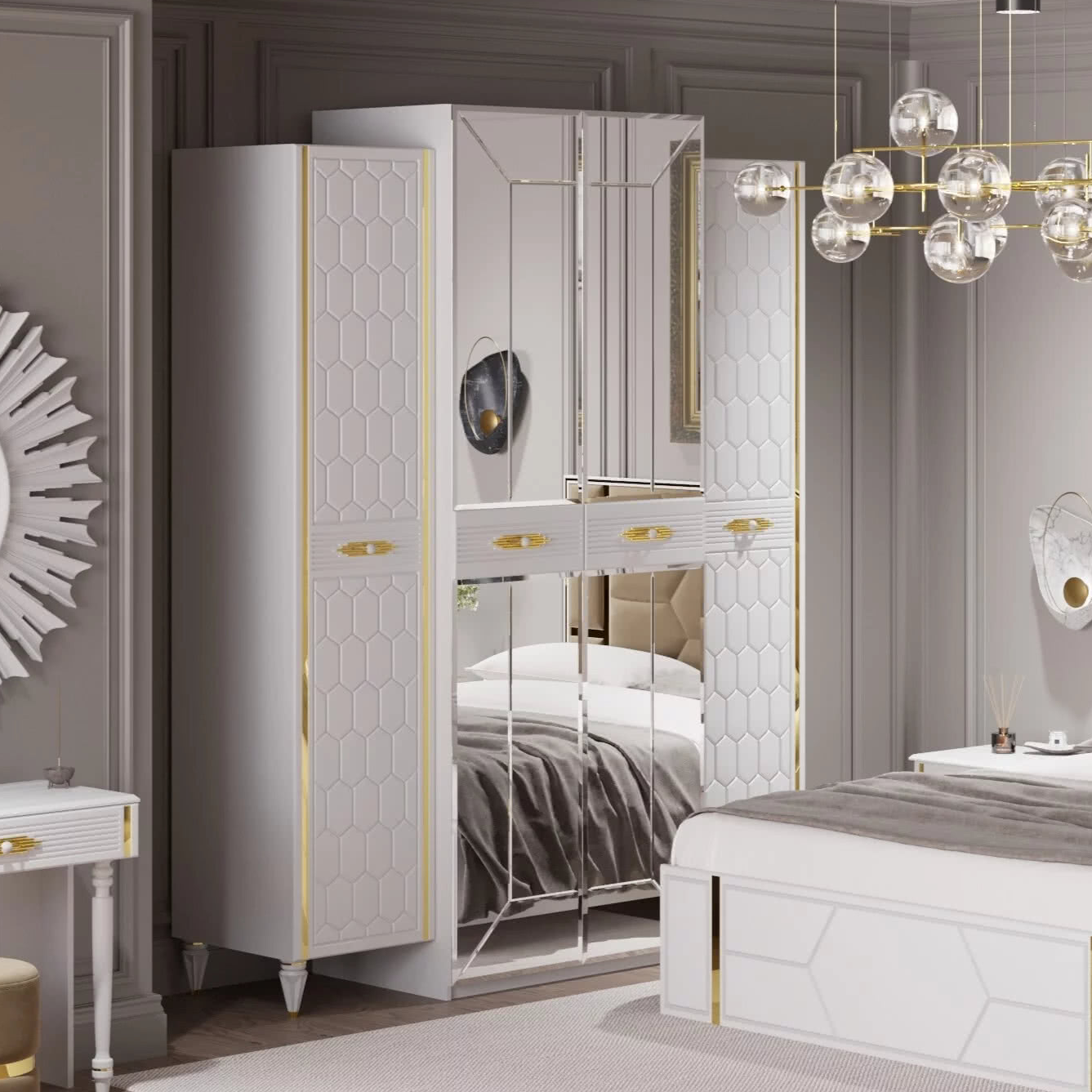 Шкаф платяной Веллона Алено 4х-дверный, цвет: белый с золотом, 180x60x230 см (ВЕЛСМР-01)ВЕЛСМР-01