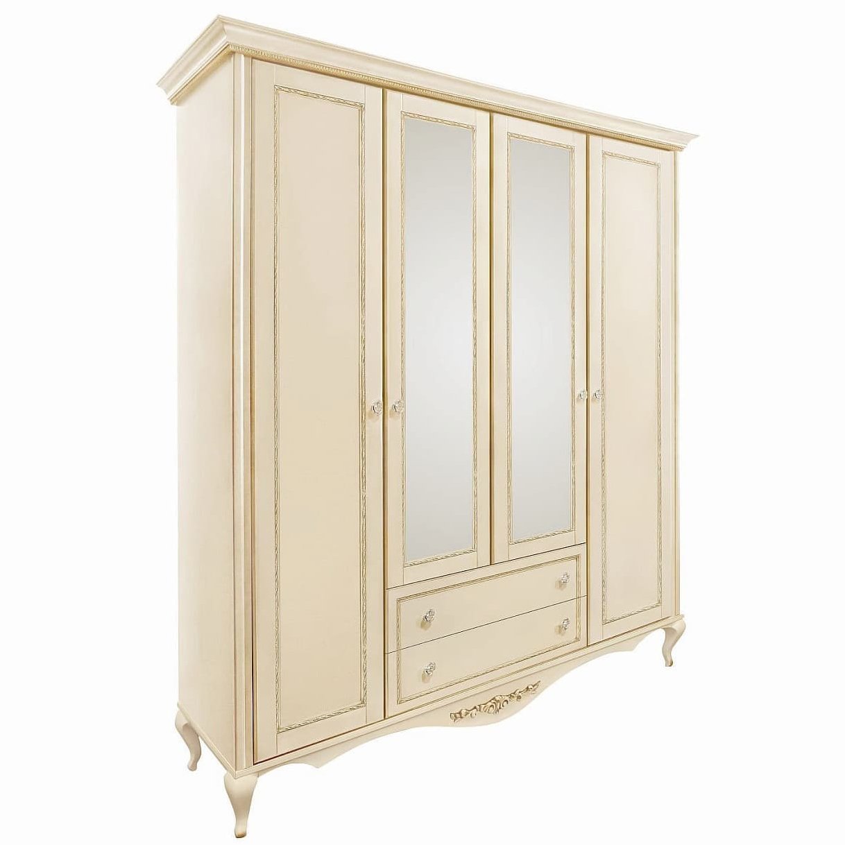 Шкаф платяной Timber Неаполь, 4-х дверный с зеркалами 204x65x227 см, цвет: ваниль с золотом (Т-524/VO)Т-524