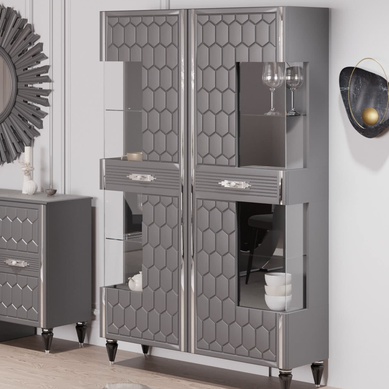 Шкаф витрина Веллона Алено 2х-дверный, цвет: графит с серебром, 110х45х200 см (ВЕЛГМР-03)ВЕЛГМР-03