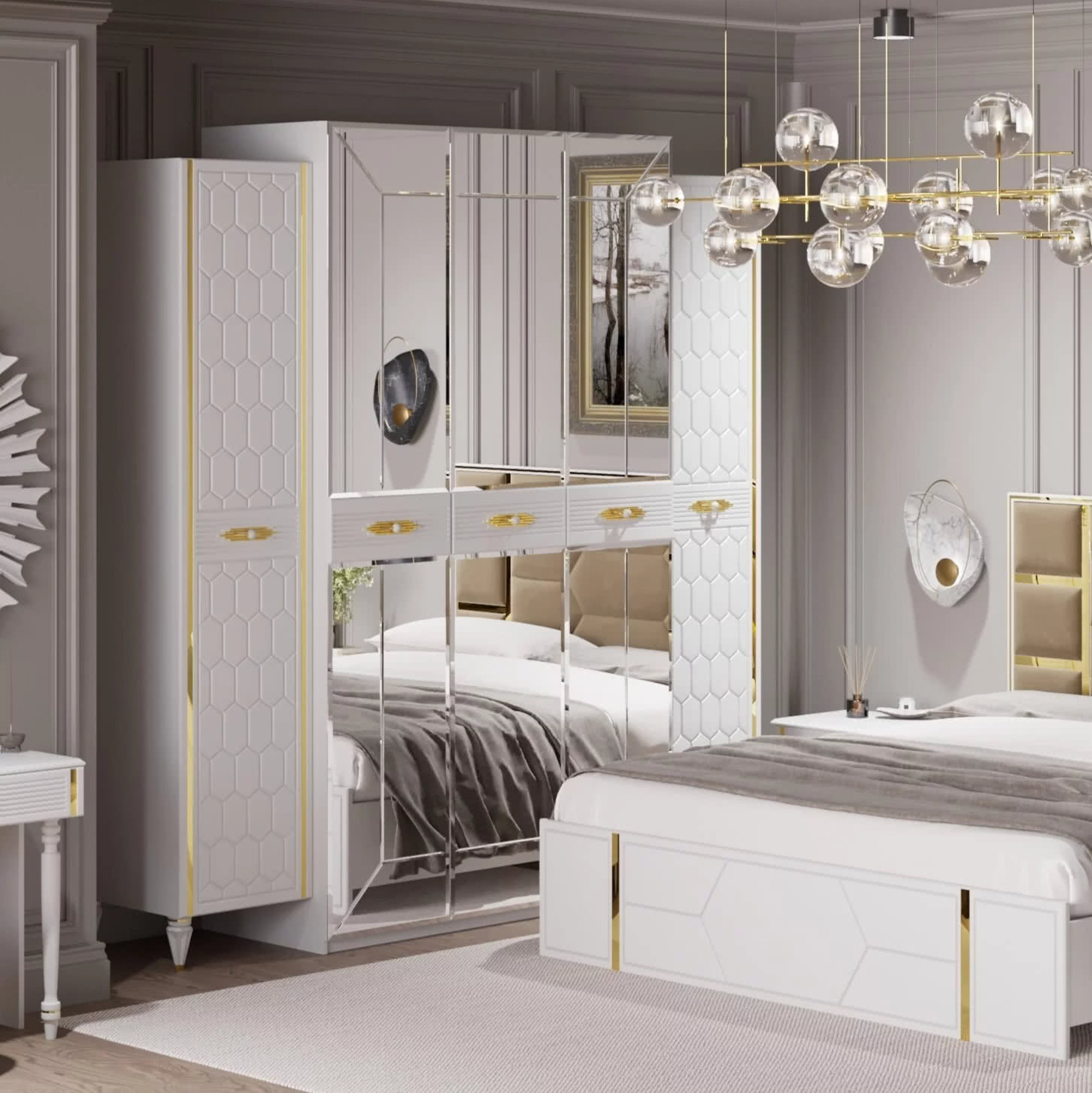 Шкаф платяной Олимпия Мария 5х-дверный, цвет: белый с золотом, 226x60x230, (СМР-02)СМР-02