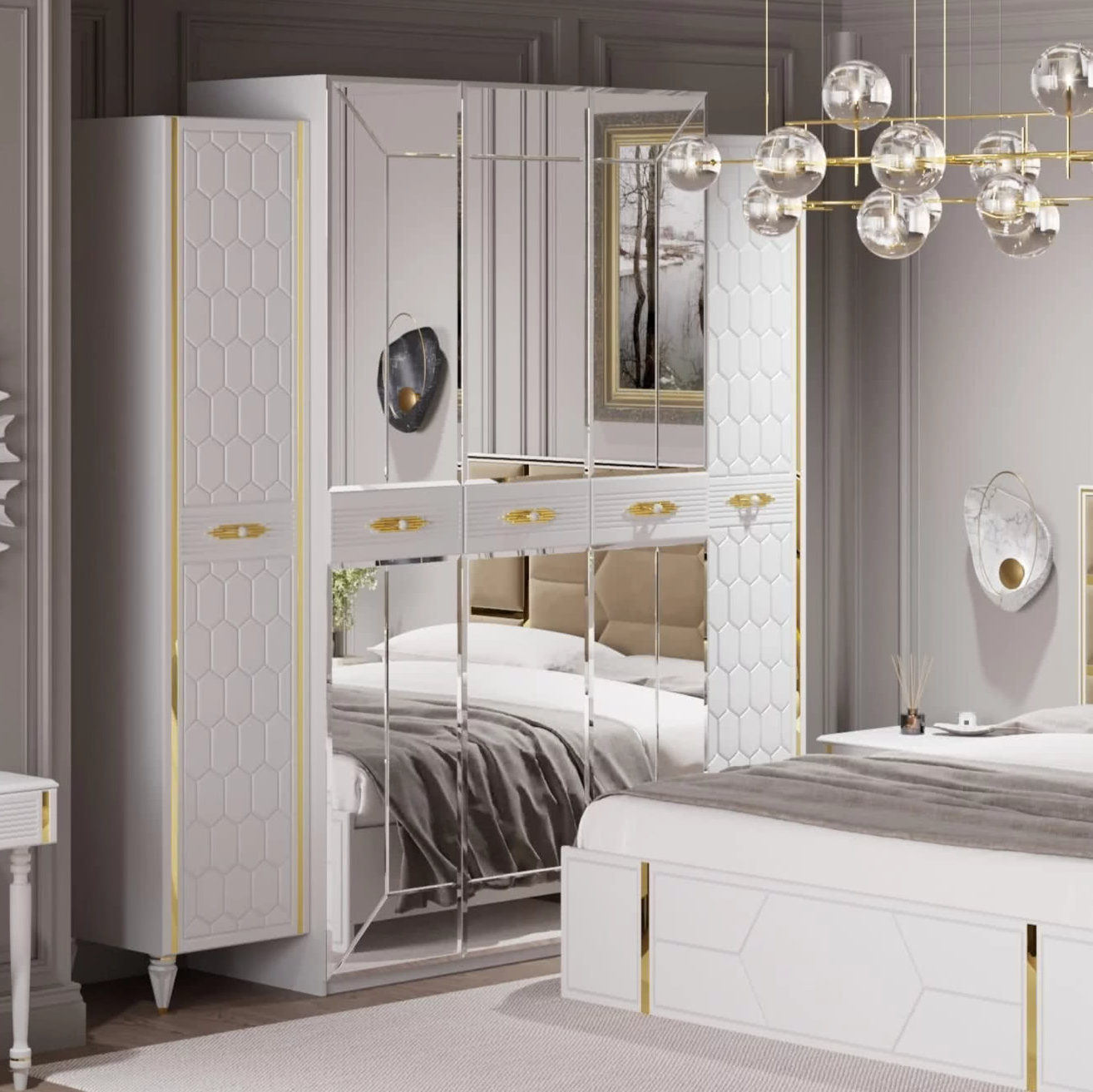 Шкаф платяной Веллона Алено 5х-дверный, цвет: белый с золотом, 226x60x230 см (ВЕЛСМР-02)ВЕЛСМР-02