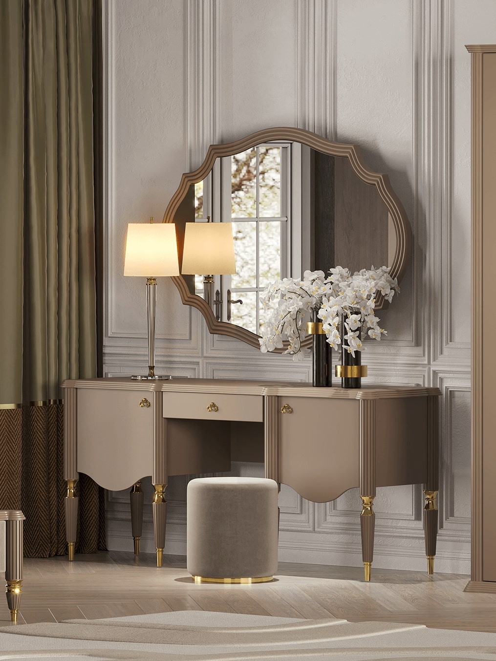 Туалетный стол с зеркалом и пуфом Арида София, цвет бежевый, 174х59х79 см Туалетный стол с зеркалом и пуфом Арида София, цвет бежевый, 174х59х79 см