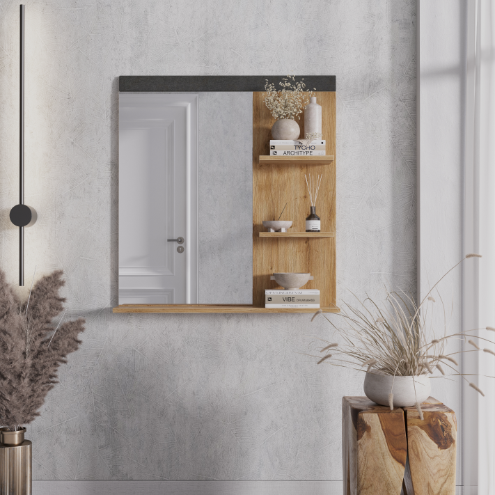 Полка с зеркалом БРВ Грейс (Grace), цвет дуб наварра/графит, 79х16х85 см (LUS 80)LUS 80