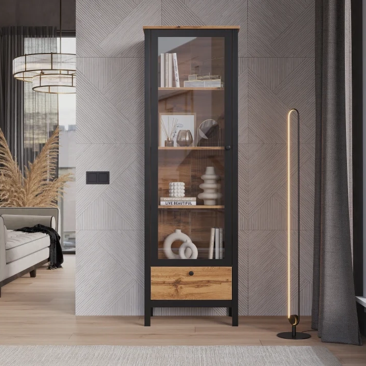 Шкаф-витрина однодверная БРВ Лофт (Loft),цвет дуб вотан, 62х38х193 см (REG1W1S)REG1W1S