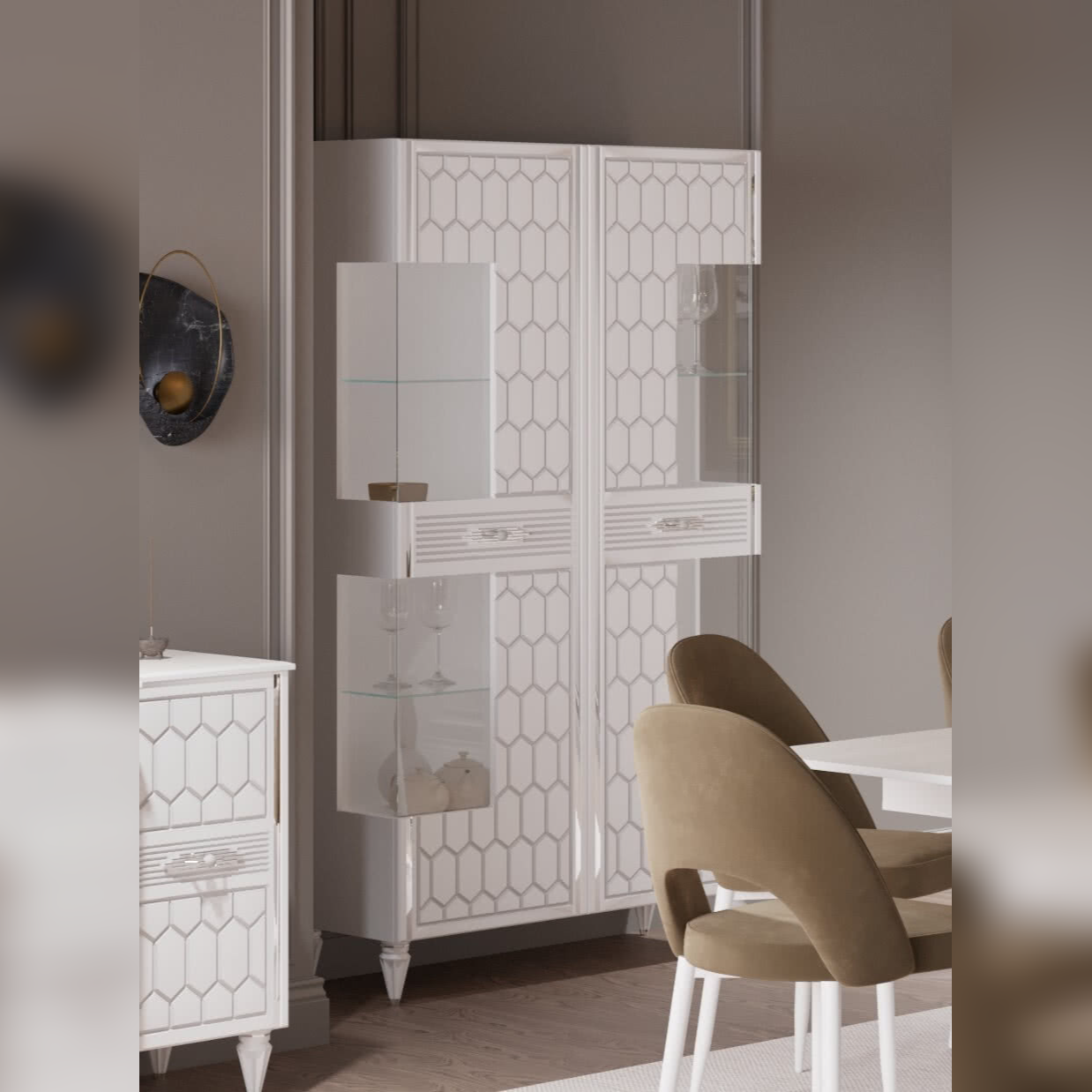 Шкаф витрина Веллона Алено 2х-дверный, цвет: белый с серебром, 110х45х200 см (ВЕЛГМР-03)ВЕЛГМР-03