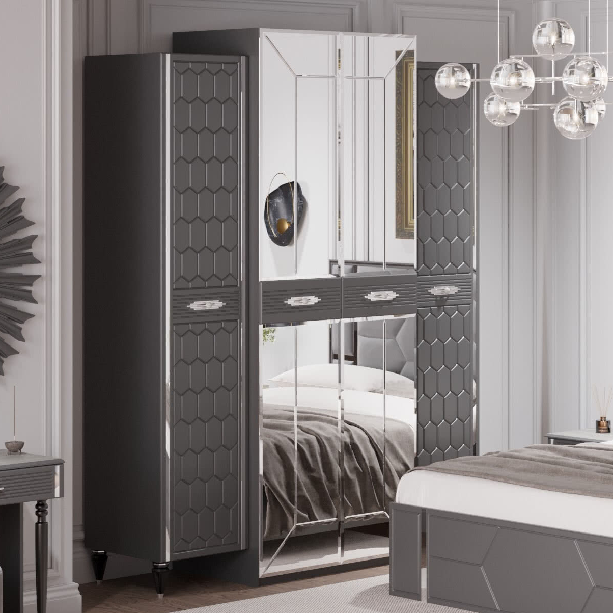 Шкаф платяной Веллона Алено 4х-дверный, цвет: графит с серебром, 180x60x230 см (ВЕЛСМР-01)ВЕЛСМР-01