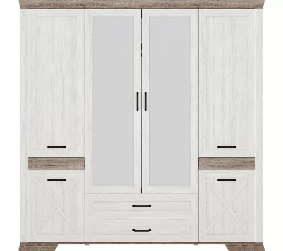 Шкаф четырёхстворчатый БРВ Марсель (Marselle) с зеркалом, цвет ясень снежный/дуб сонома темный, 218х61х222 см (SZF6D2S)SZF6D2S