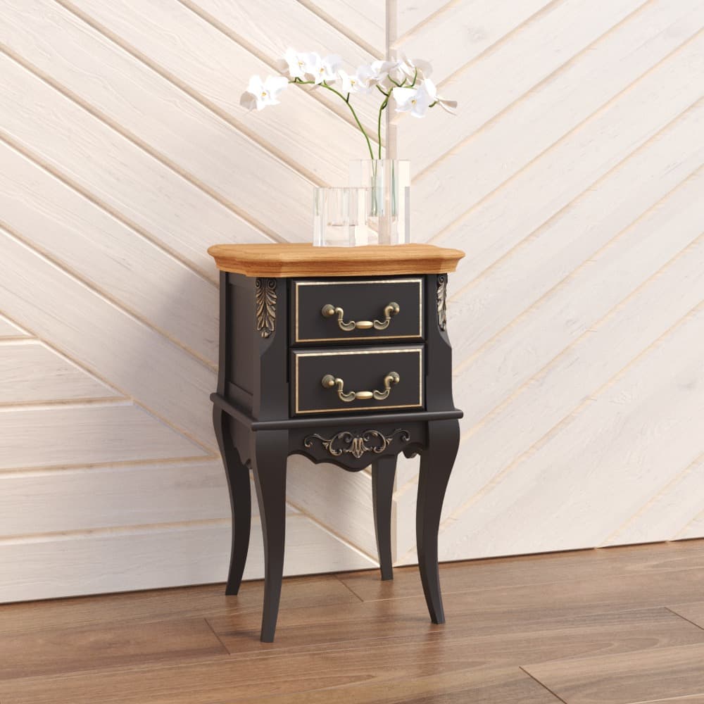 Тумба прикроватная Aletan Provence Wood, узкая, 2 ящика, 44х36х79 см, цвет: черный-дерево (W307BL)W307BL