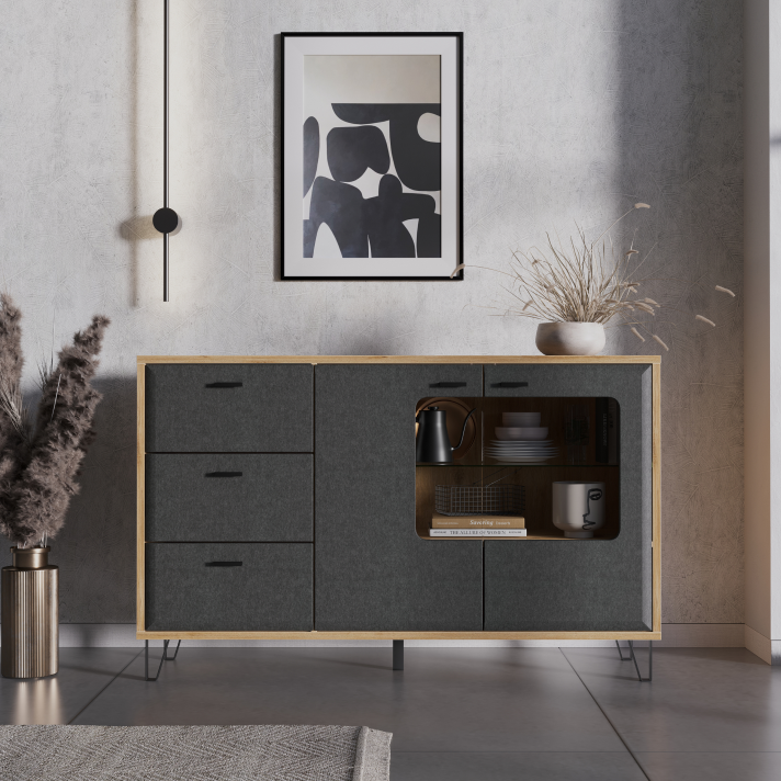 Тумба-витрина БРВ Грейс (Grace), цвет дуб наварра/графит 144х42х90 см (KOM2W3S)KOM2W3S