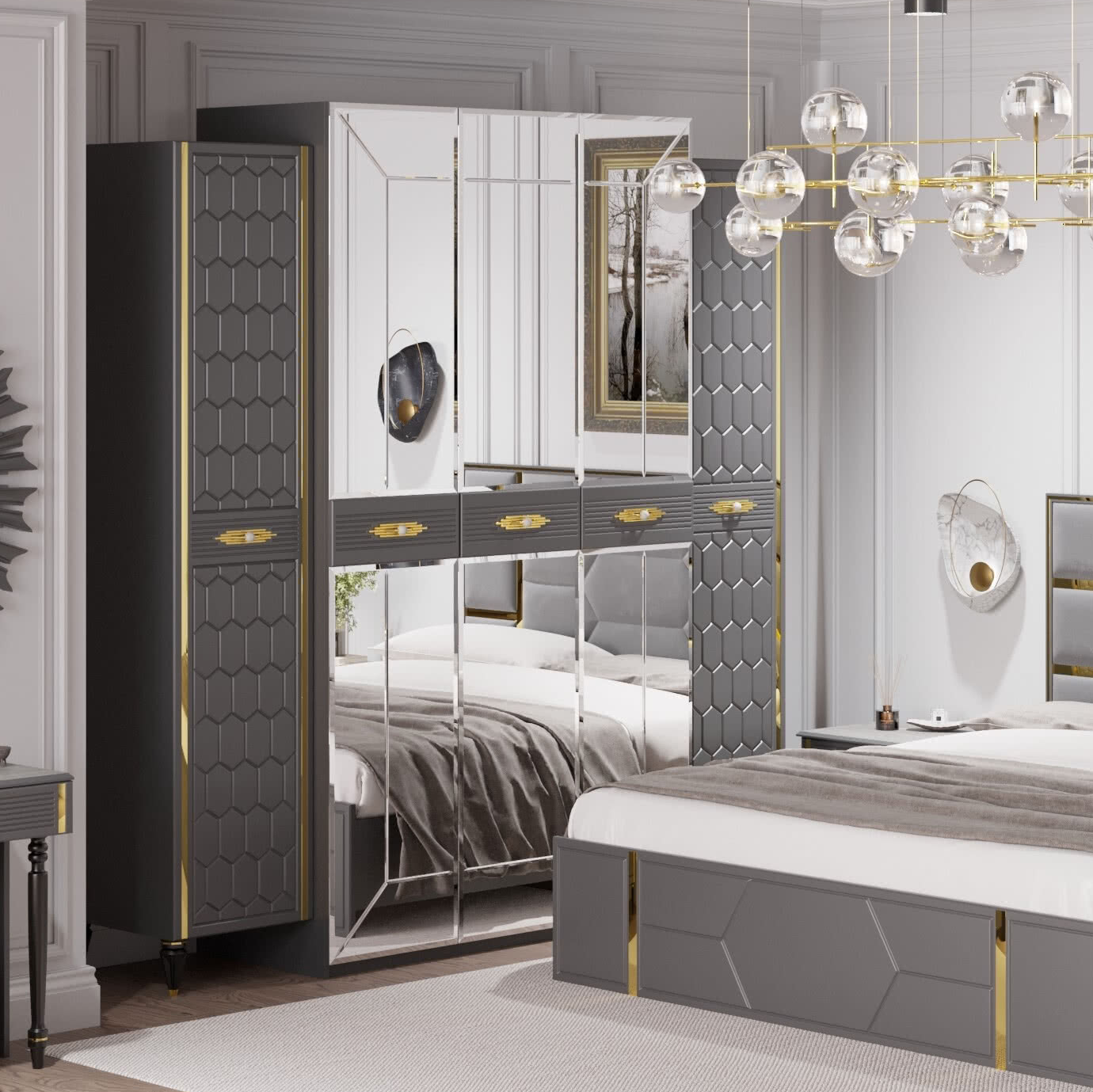 Шкаф платяной Веллона Алено 5х-дверный, цвет: графит с золотом, 226x60x230 см (ВЕЛСМР-02)ВЕЛСМР-02