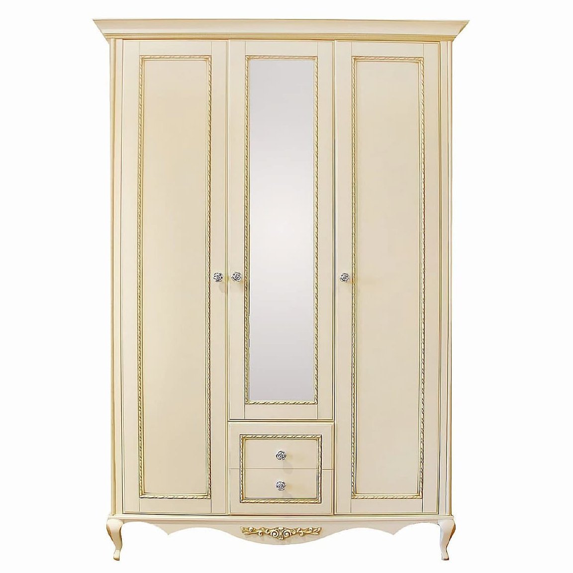 Шкаф платяной Timber Неаполь, 3-х дверный с зеркалом 159x65x227 см, цвет: ваниль с золотом (Т-523/VO)Т-523