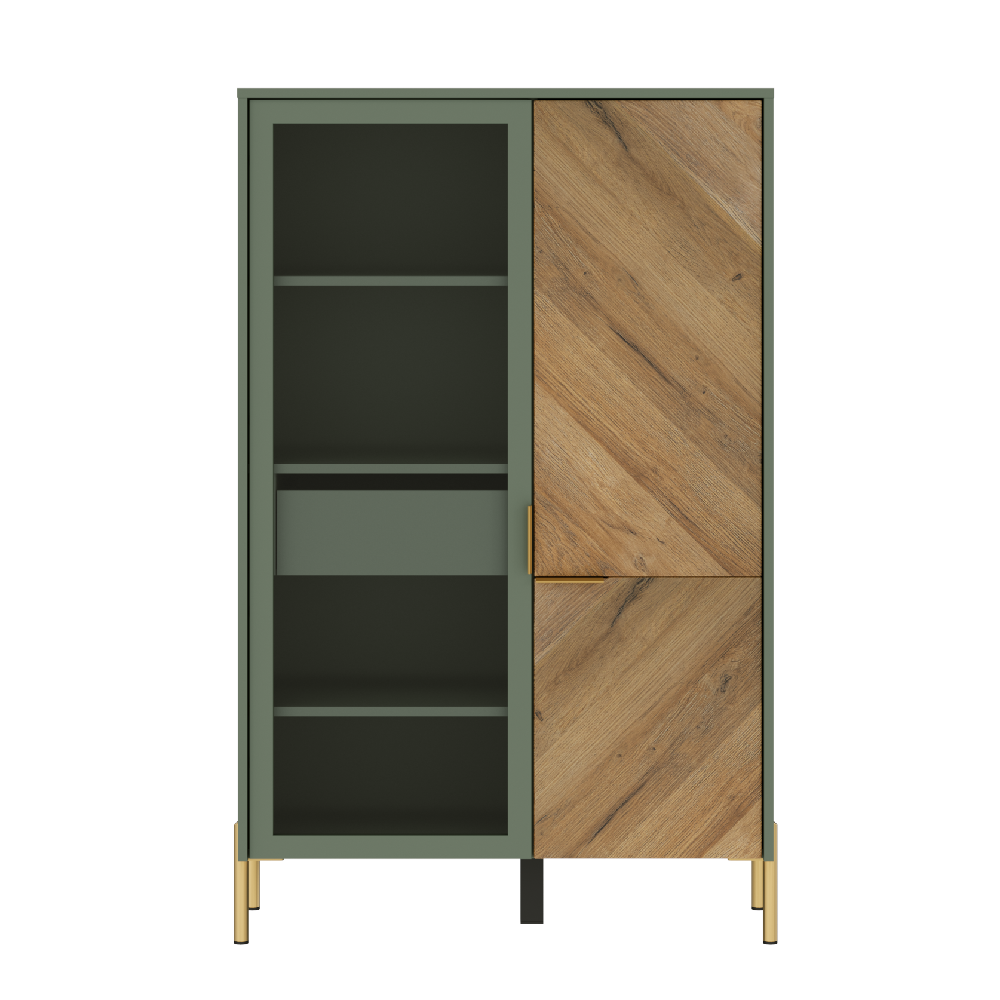 Витрина БРВ Сиена (Siena), 92x41x145 см, цвет: дымчатый зеленый/дуб вотан (REG1W1D/140)REG1W1D/140