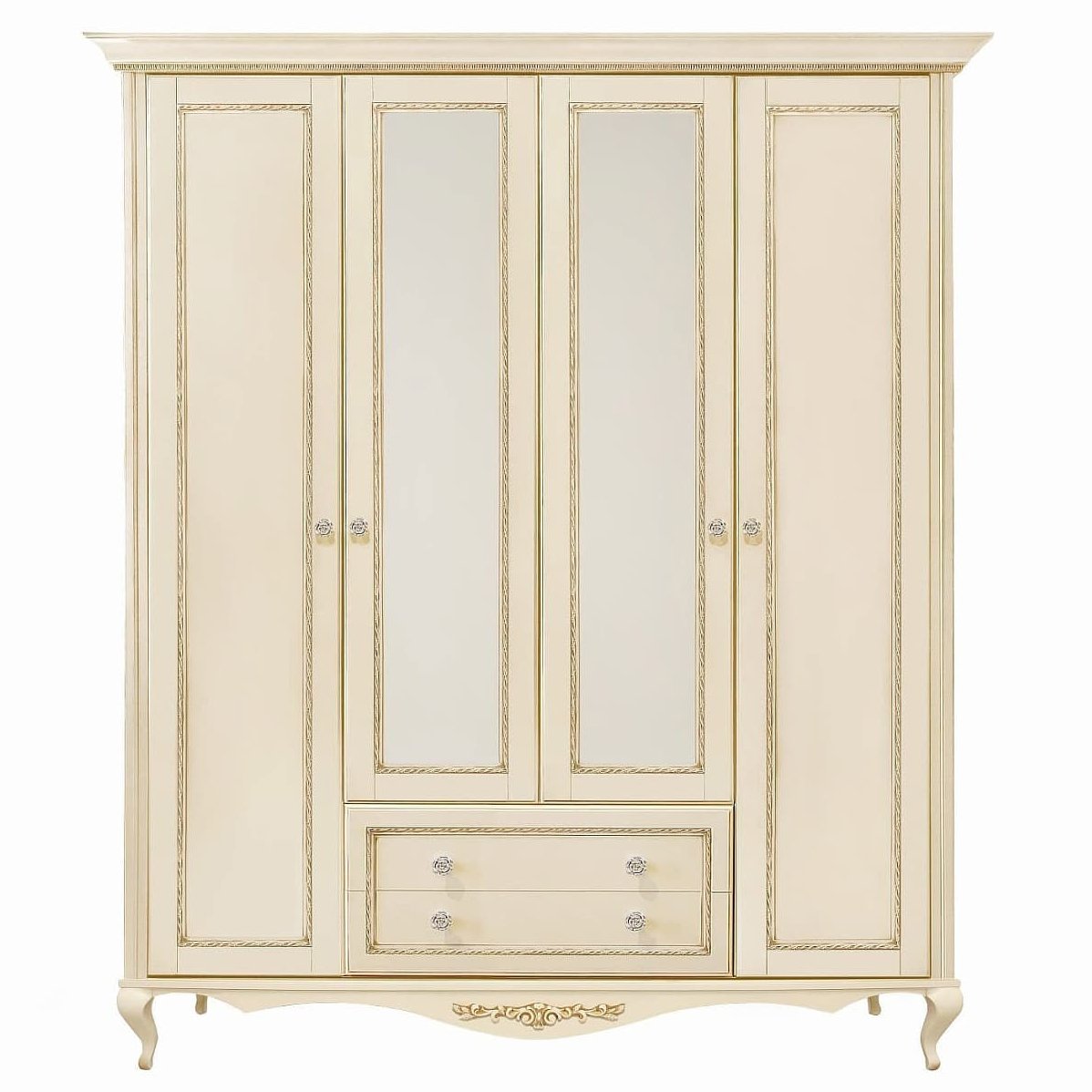 Шкаф платяной Timber Неаполь, 4-х дверный с зеркалами 204x65x227 см, цвет: ваниль с золотом (Т-524/VO)Т-524