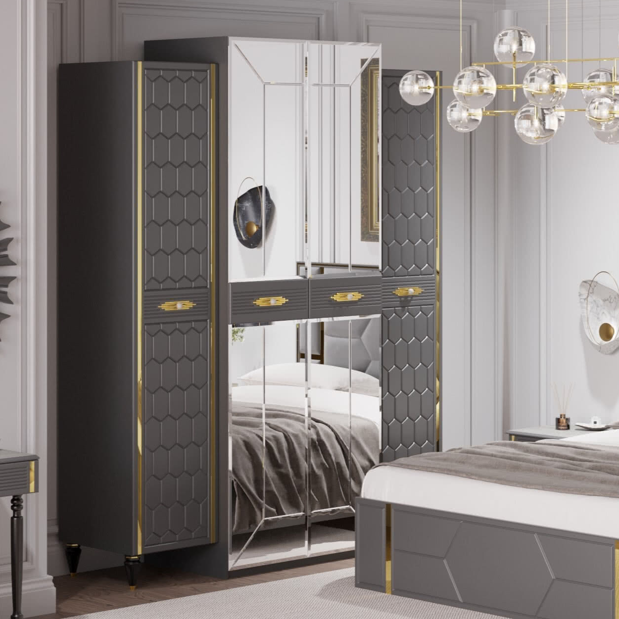 Шкаф платяной Веллона Алено 4х-дверный, цвет: графит с золотом, 180x60x230 см (ВЕЛСМР-01)ВЕЛСМР-01
